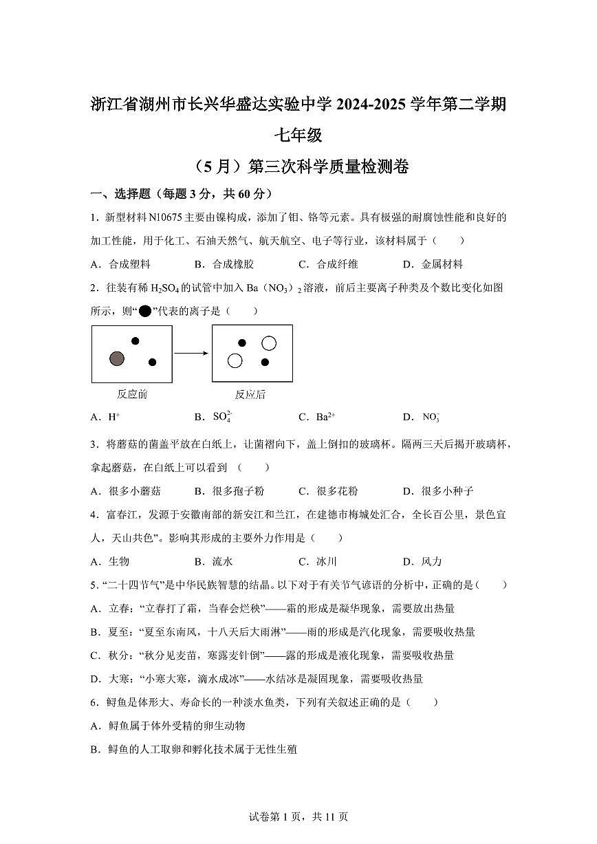 2024~2025学年浙江省湖州市华盛达七年级下册5月月考科学试题 【附答案】第1页