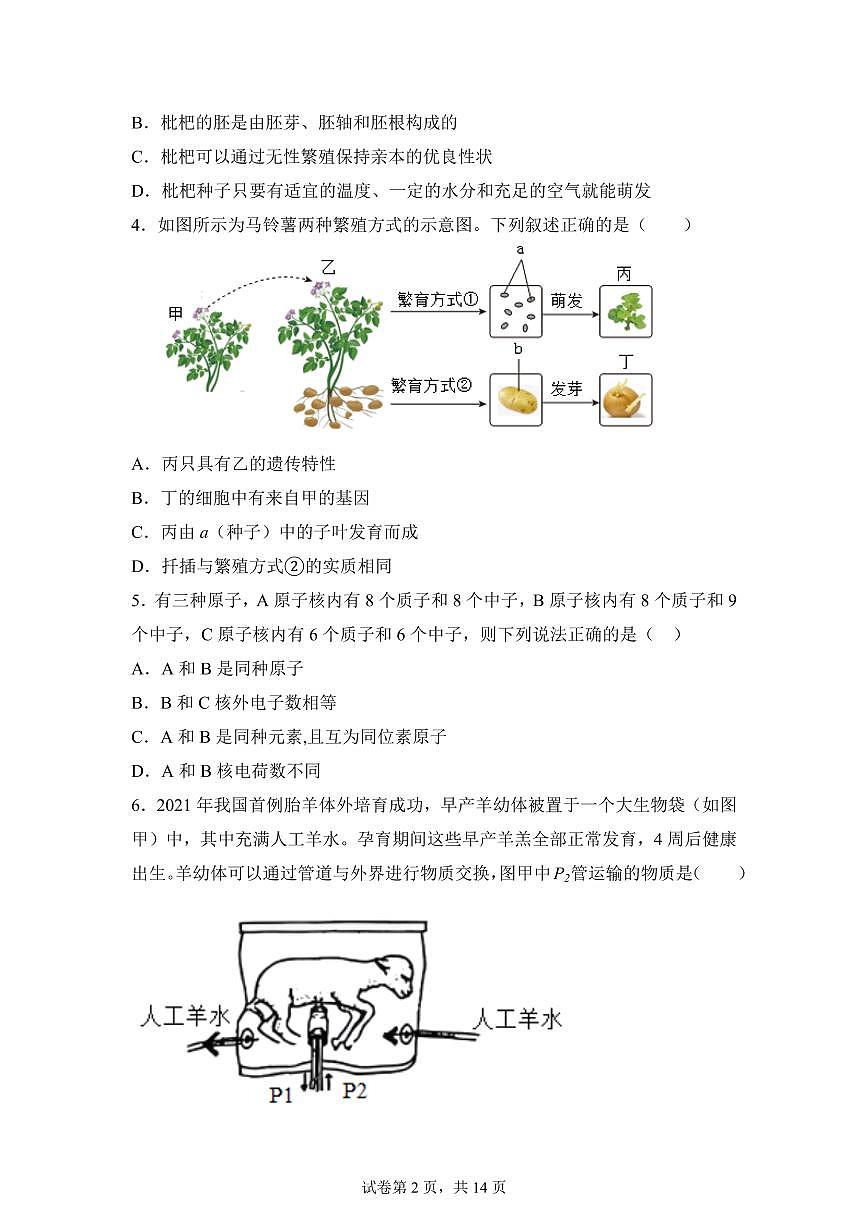 2024~2025学年浙江省宁波市奉化区锦屏中学七年级下册期中科学试题【附答案】第2页