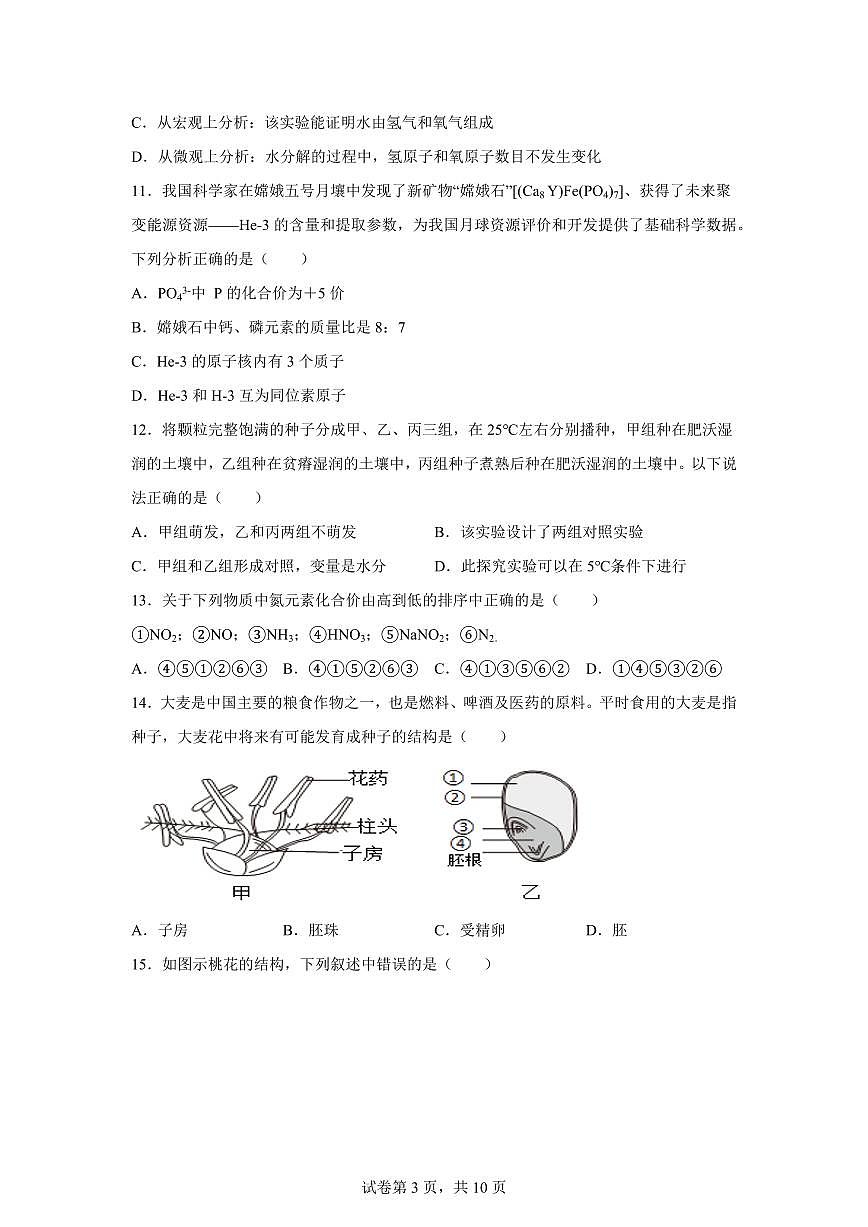 2024~2025学年浙江省宁波市奉化市城北中学七年级下册期中科学试题 【附答案】第3页