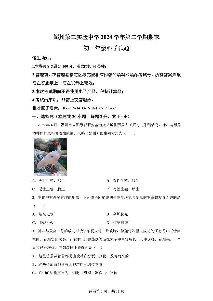 2024~2025学年浙江省宁波市鄞州第二实验中学七年级下册期末科学试题【附答案】第1页