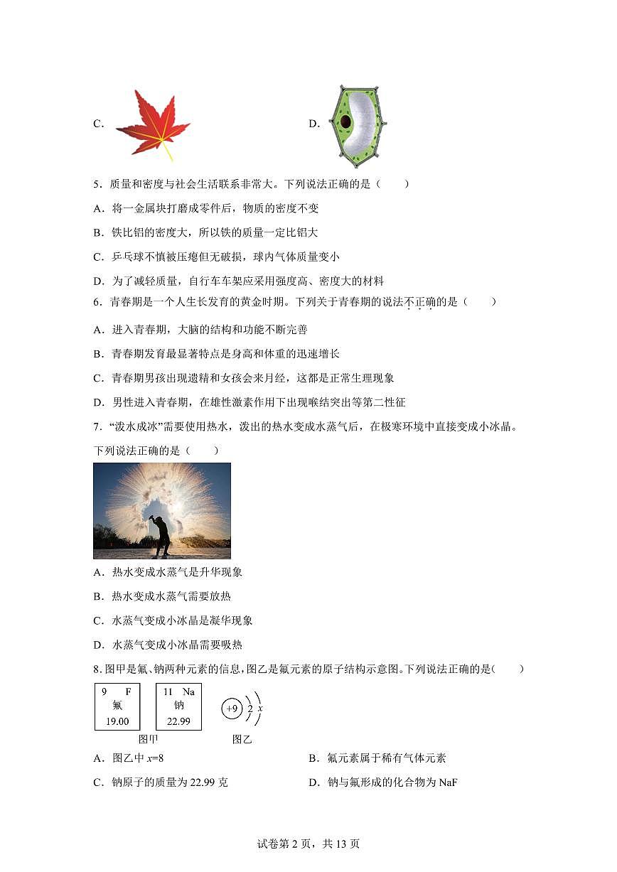 2024~2025学年浙江省绍兴市嵊州市七年级下册期末科学试题卷【附答案】第2页