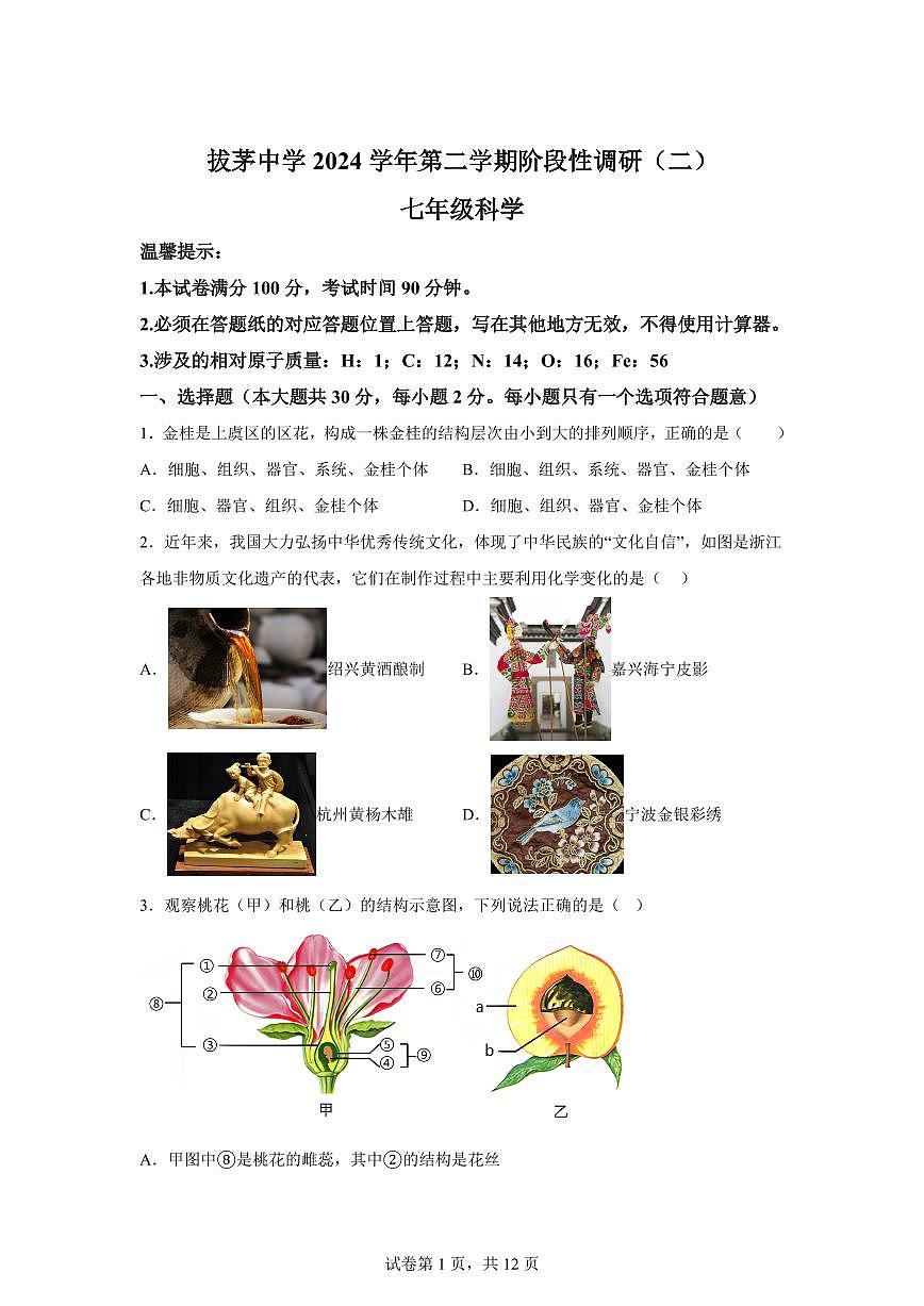 2024~2025学年浙江省绍兴市新昌县新昌县拔茅中学七年级下册5月月考科学试题【附答案】第1页