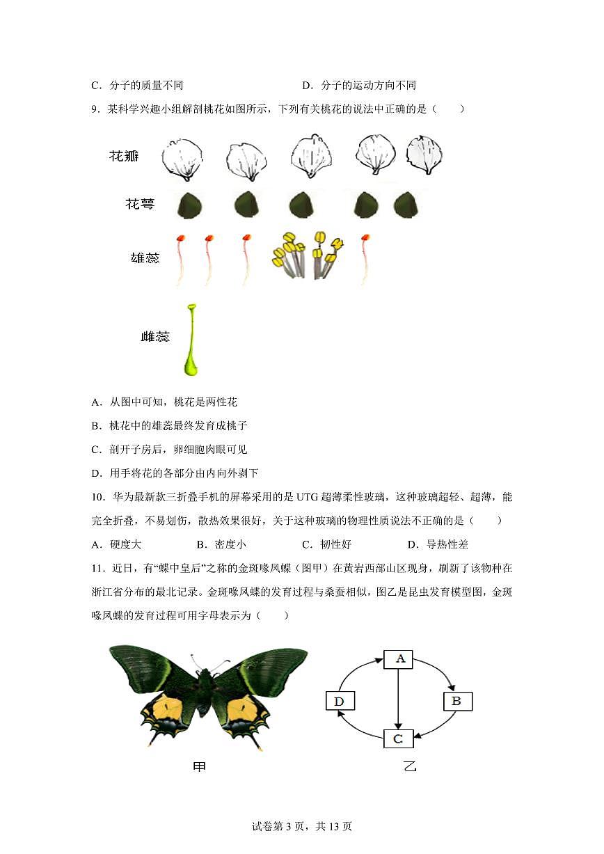 2024~2025学年浙江省台州市黄岩区七年级下册期末教学质量监测科学试题 【附答案】第3页