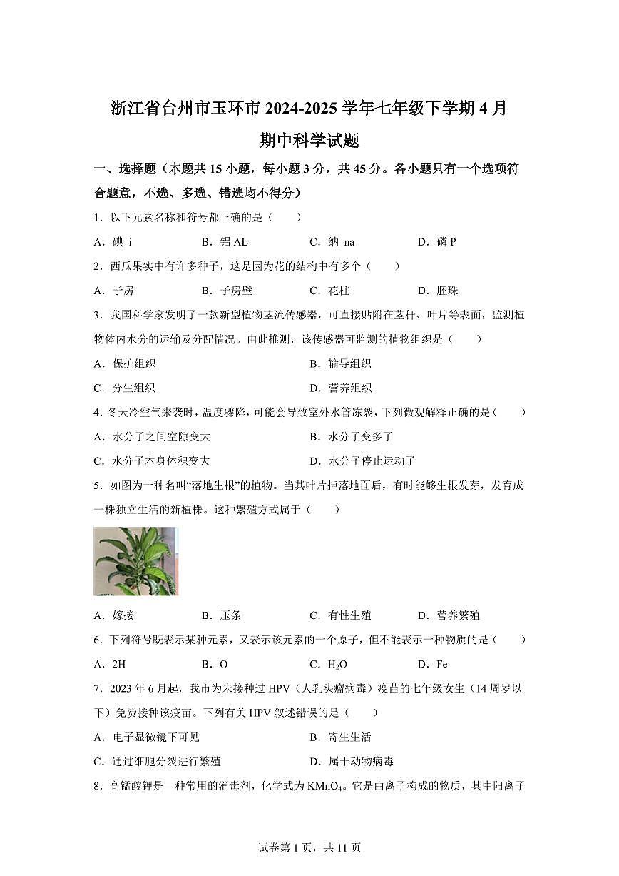 2024~2025学年浙江省台州市玉环市七年级下册4月期中科学试题【附答案】第1页