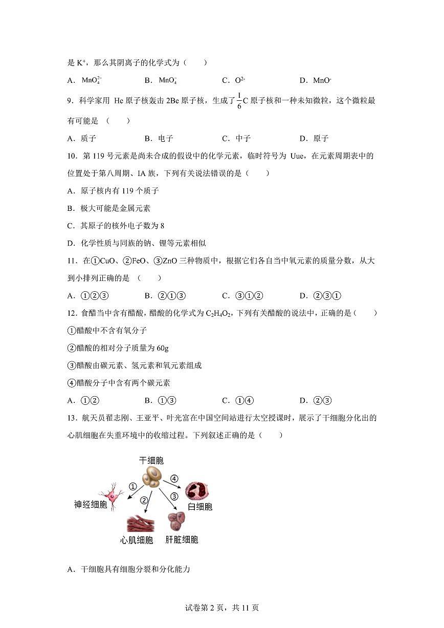 2024~2025学年浙江省台州市玉环市七年级下册4月期中科学试题【附答案】第2页