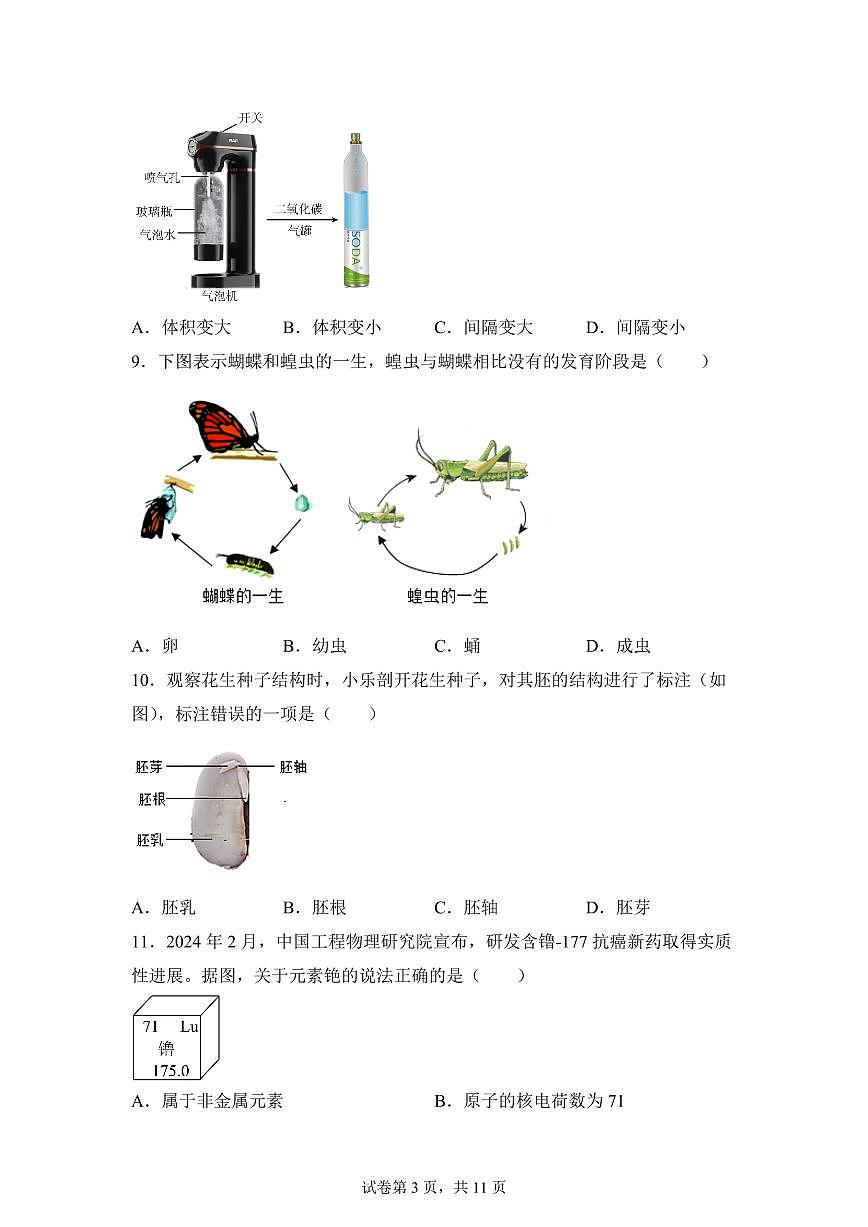 2024~2025学年浙江省温州市乐清市下册七年级期末监测 科学试题【附答案】第3页