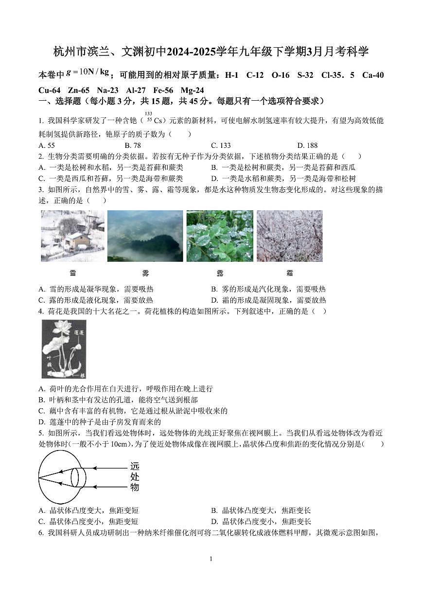 浙江省杭州市滨兰、文渊初中2024-2025学年九年级下学期3月月考科学试卷（含答案）第1页