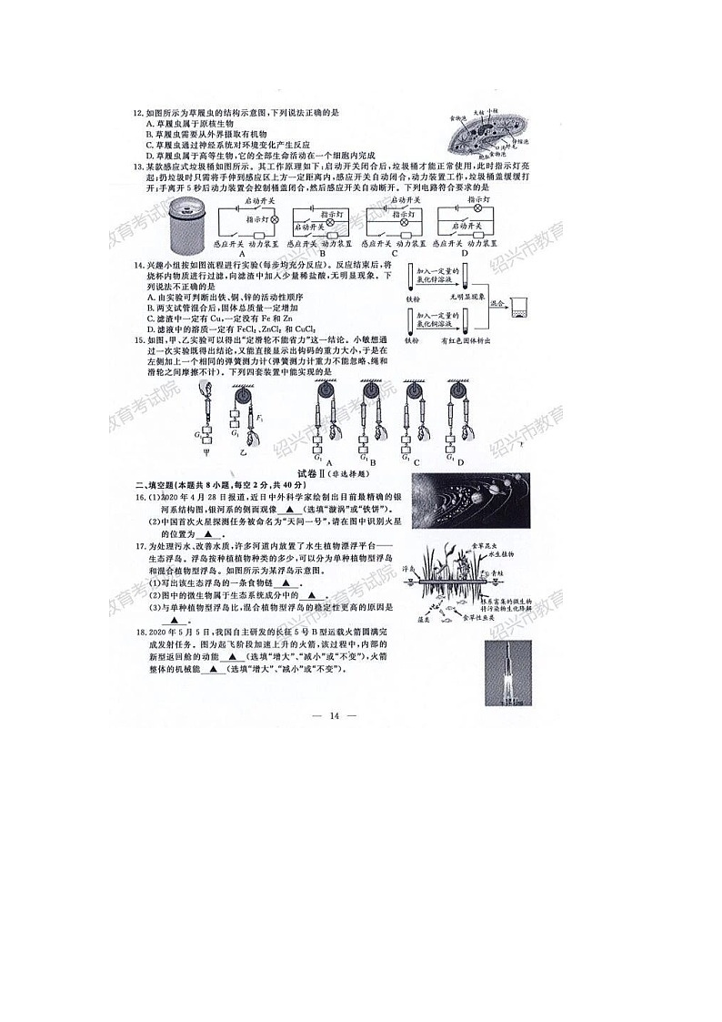 2020年浙江省绍兴市中考科学试卷（图片版，含答案）第2页