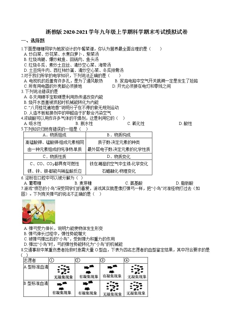 浙教版初三九年级上册科学期末试卷（word版，含解析）01