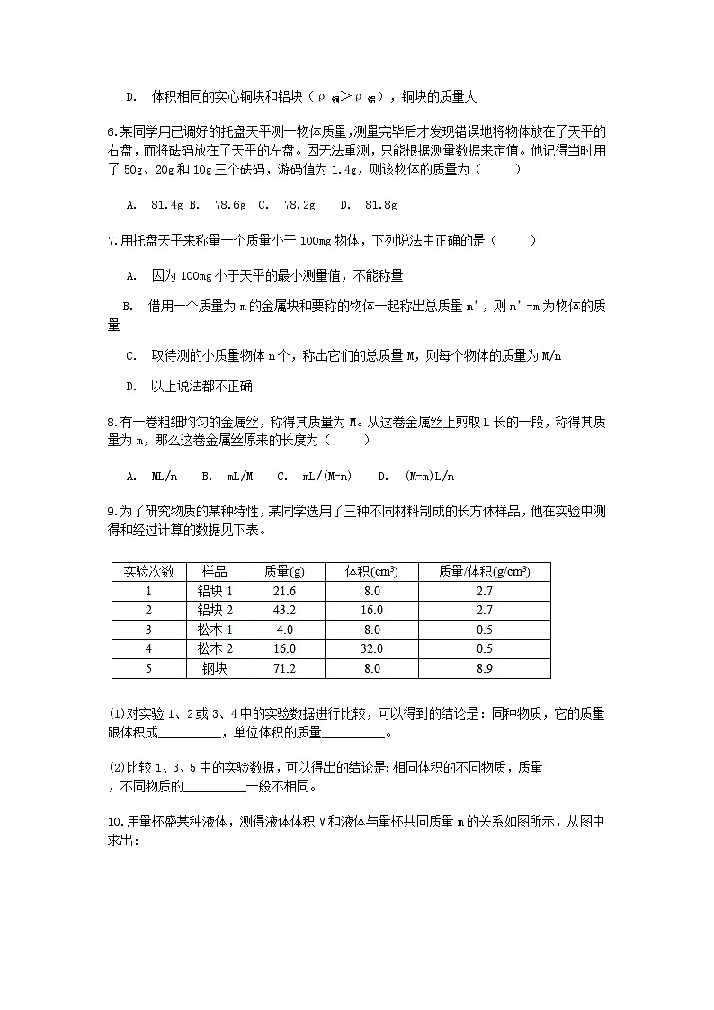 试卷 2021浙教版科学“中考第一轮复习”考点过关（二十一）：质量与密度【word，含答案】第2页