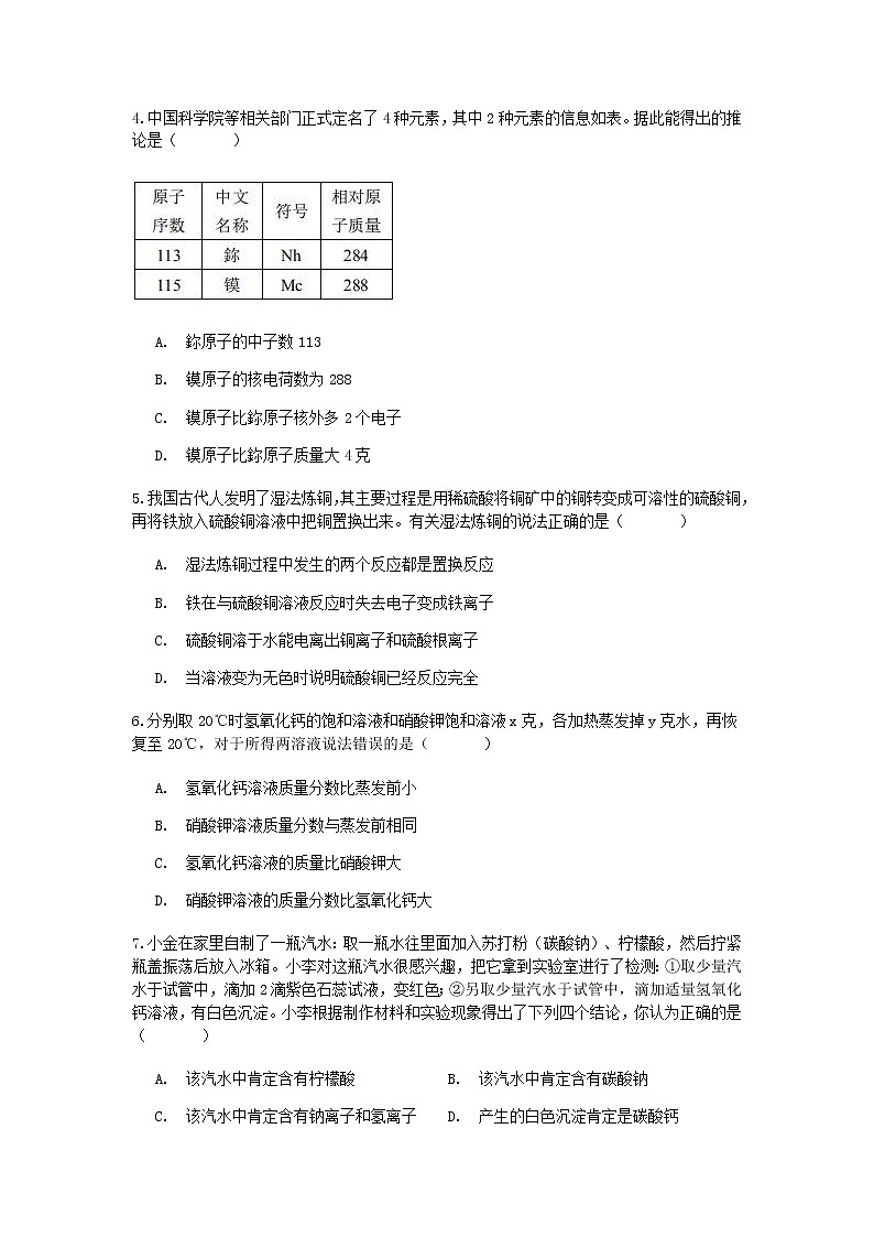 试卷 2020-2021学年浙教版科学中考第一轮复习分类题型训练（三十二）：化学选择（2）第2页