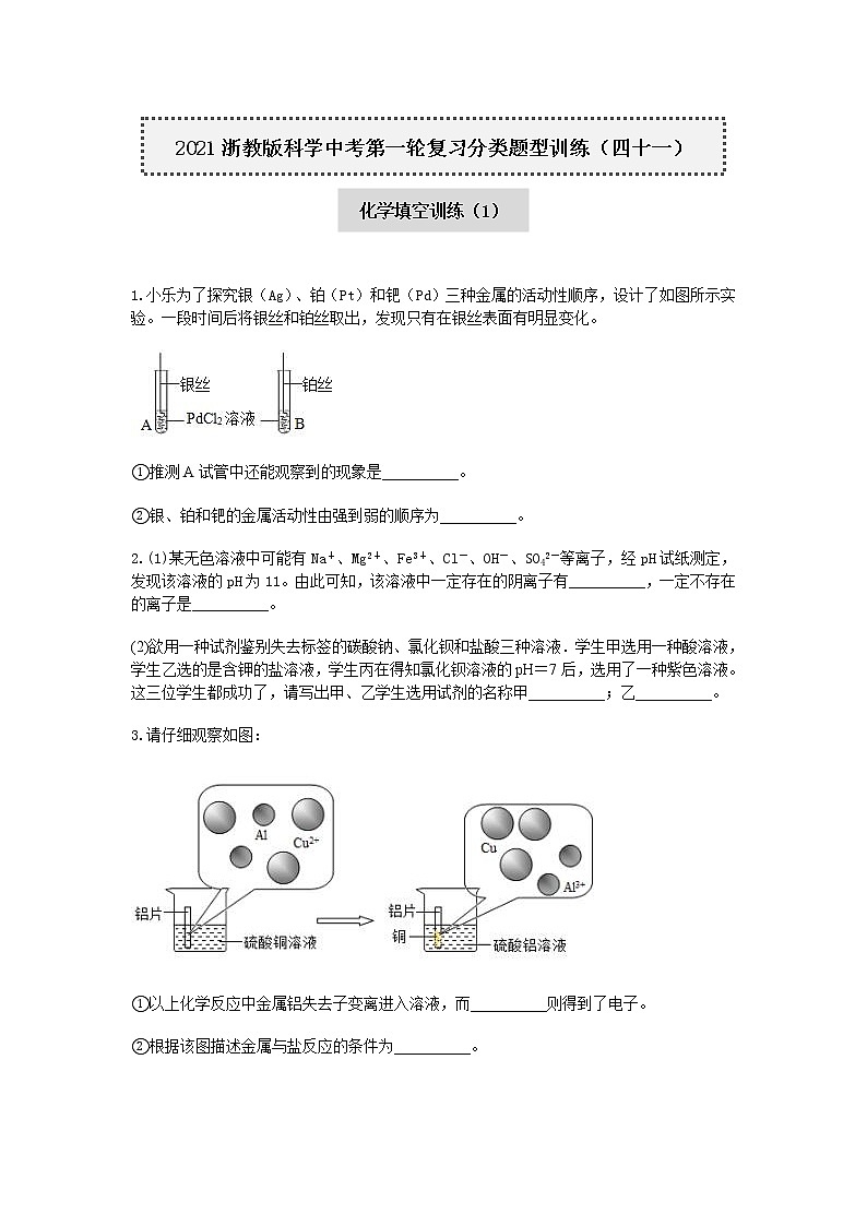试卷 2020-2021学年浙教版科学中考第一轮复习分类题型训练（四十一）：化学填空（1）第1页