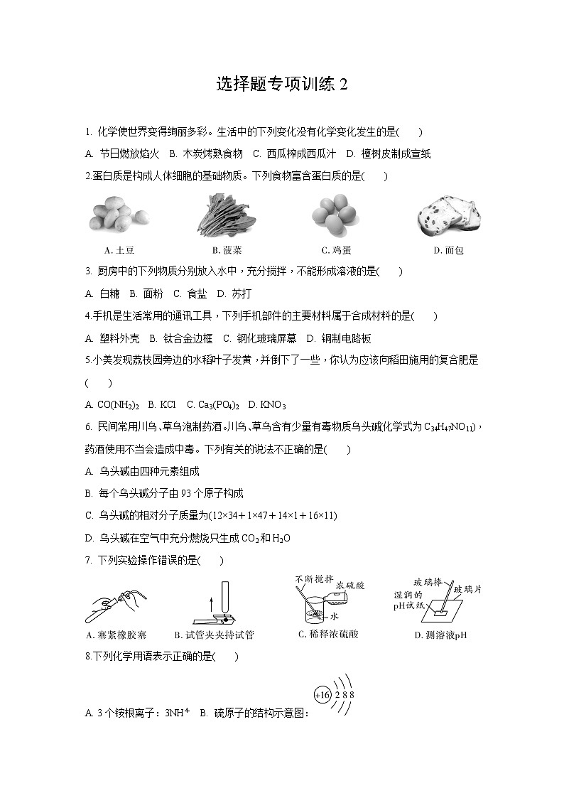 试卷 2021年中考化学专题复习：选择题专项训练2(word版，含答案)01