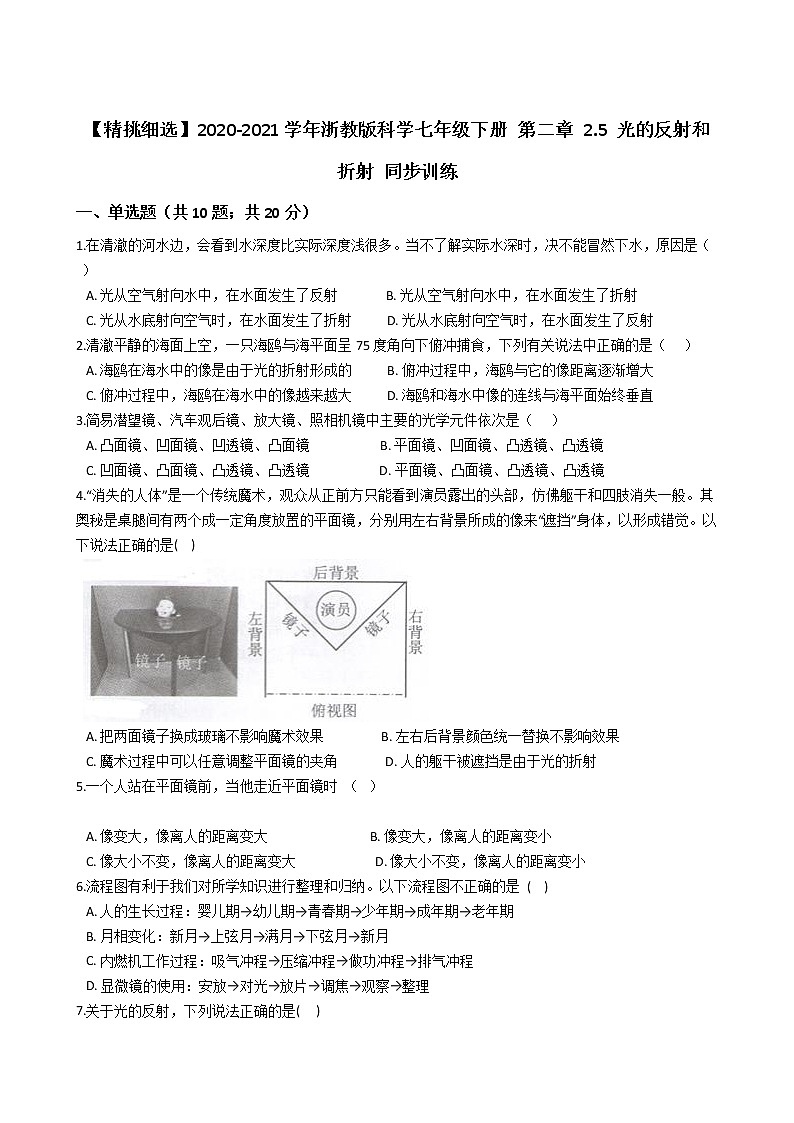 试卷 【精挑细选】2020-2021学年浙教版科学七年级下册 第二章 2.5 光的反射和折射 同步训练201