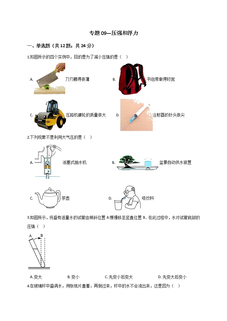 浙教版2021年中考科学二轮复习检测 专题09《压强和浮力》第1页