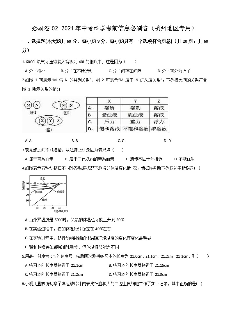 2021年中考科学考前信息必刷卷2（杭州地区专用）(含解析)01