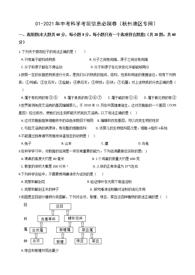 2021年中考科学考前信息必刷卷1（杭州地区专用）(含解析)01