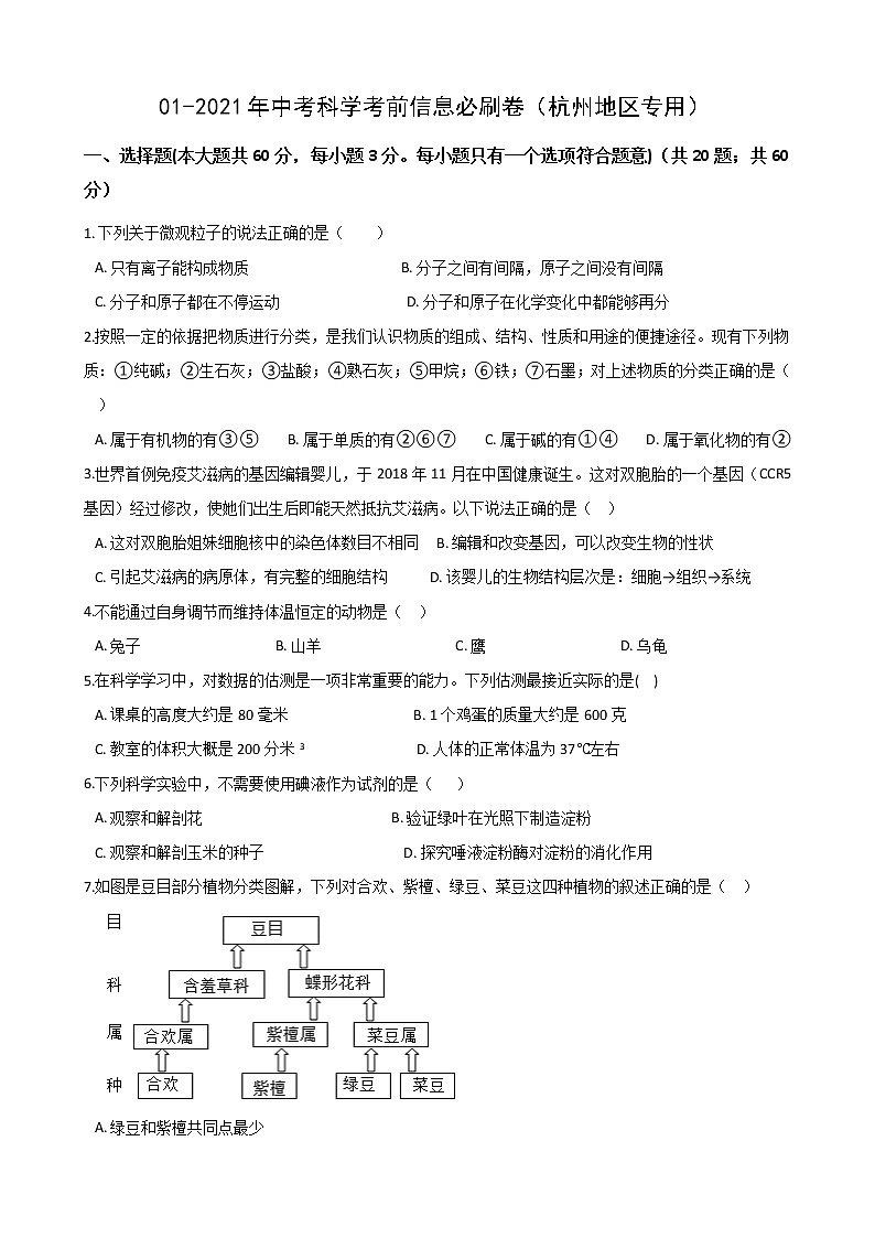 2021年中考科学考前信息必刷卷1（杭州地区专用）(含解析)01