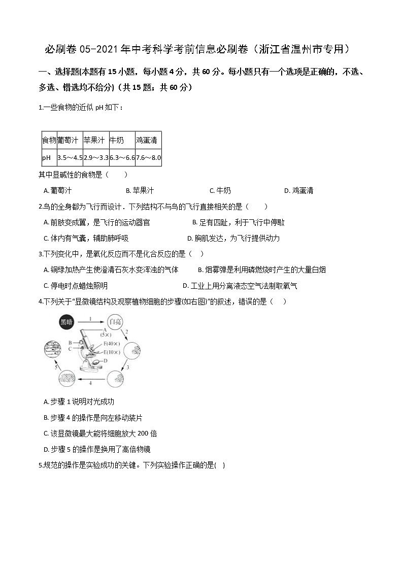 2021年中考科学考前信息必刷卷5（浙江省温州市专用） (含解析)01