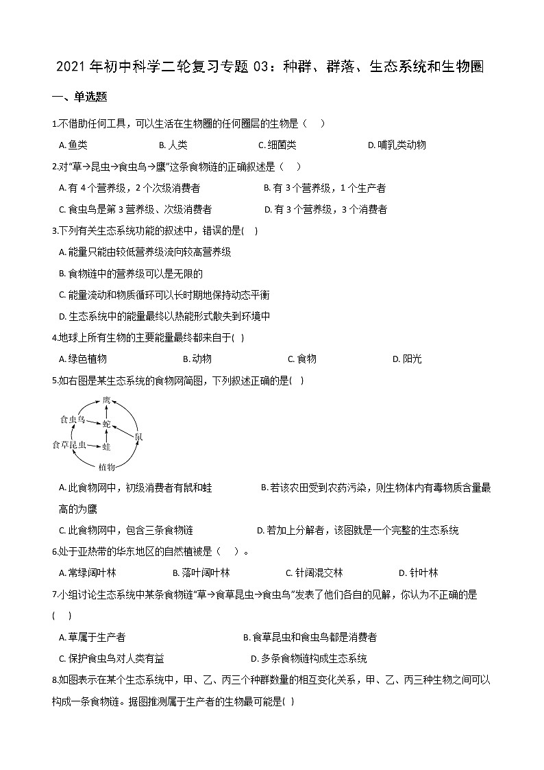 2021年初中科学二轮复习专题03：种群、群落、生态系统和生物圈 (含解析)第1页