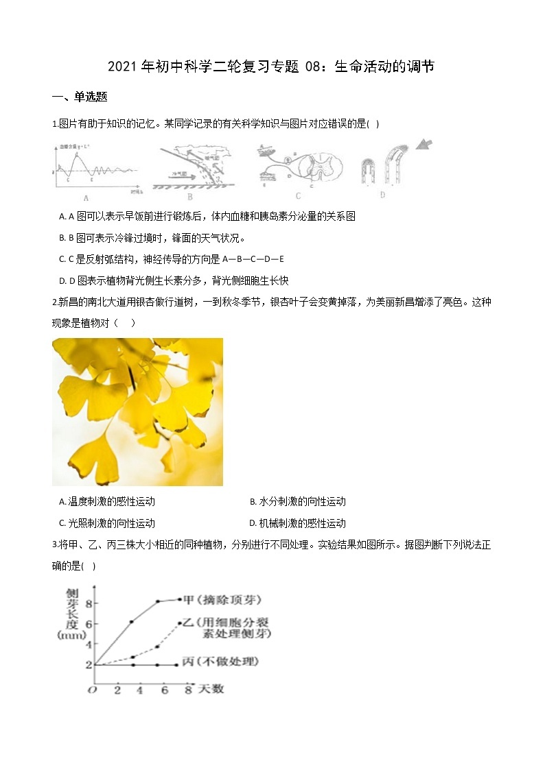 2021年初中科学二轮复习专题08：生命活动的调节 (含解析)01