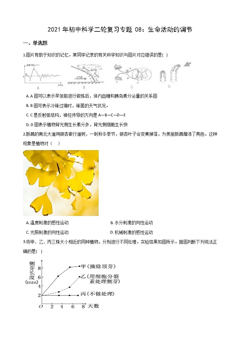 2021年初中科学二轮复习专题08：生命活动的调节 (含解析)第1页