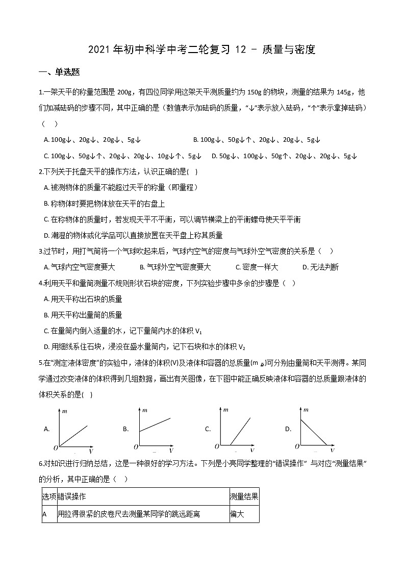 2021年初中科学二轮复习专题12：质量与密度 (含解析)第1页