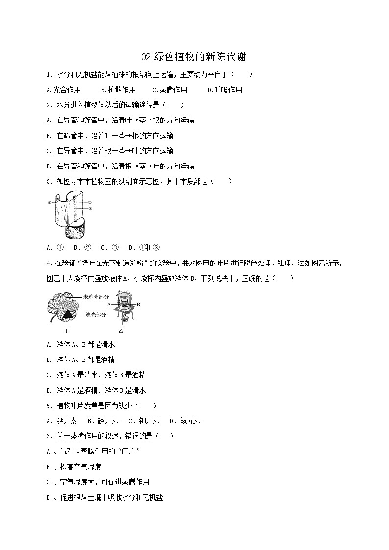 专题02绿色植物的新陈代谢  练习—2021年中考科学华东师大版二轮专题巩固第1页