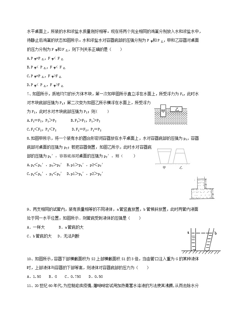 专题14压力压强 练习—2021年中考科学华东师大版二轮专题巩固02