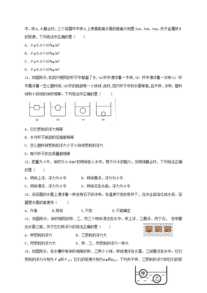 专题15密度、浮力 练习—2021年中考科学华东师大版二轮专题巩固03