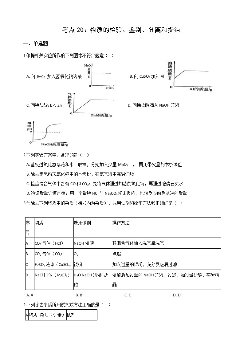 2021年中考科学（化学）考点一遍过：考点20-物质的检验、鉴别、分离和提纯(含解析)01