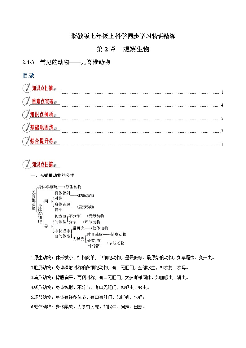 【精品讲义】浙教版 科学 7年级上册 2.4.3 常见的动物——无脊椎动物（教师版+学生版）01