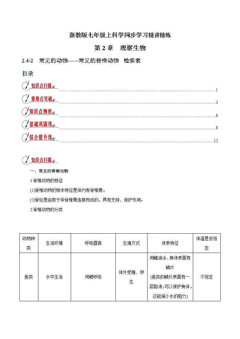 【精品讲义】浙教版 科学 7年级上册 2.4.2 常见的动物——常见的脊椎动物　检索表（教师版+学生版）01