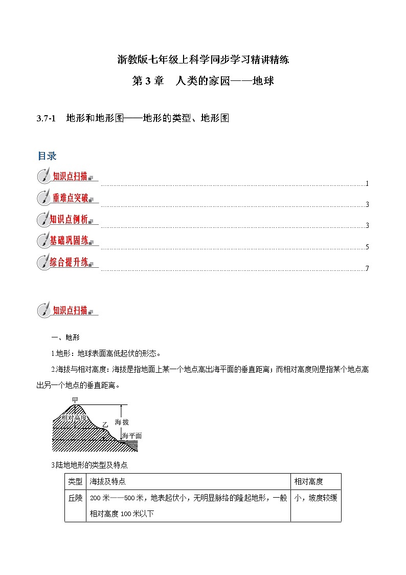 【精品讲义】浙教版 科学 7年级上册 3.7-1　地形和地形图——地形的类型、地形图（教师版+学生版）01