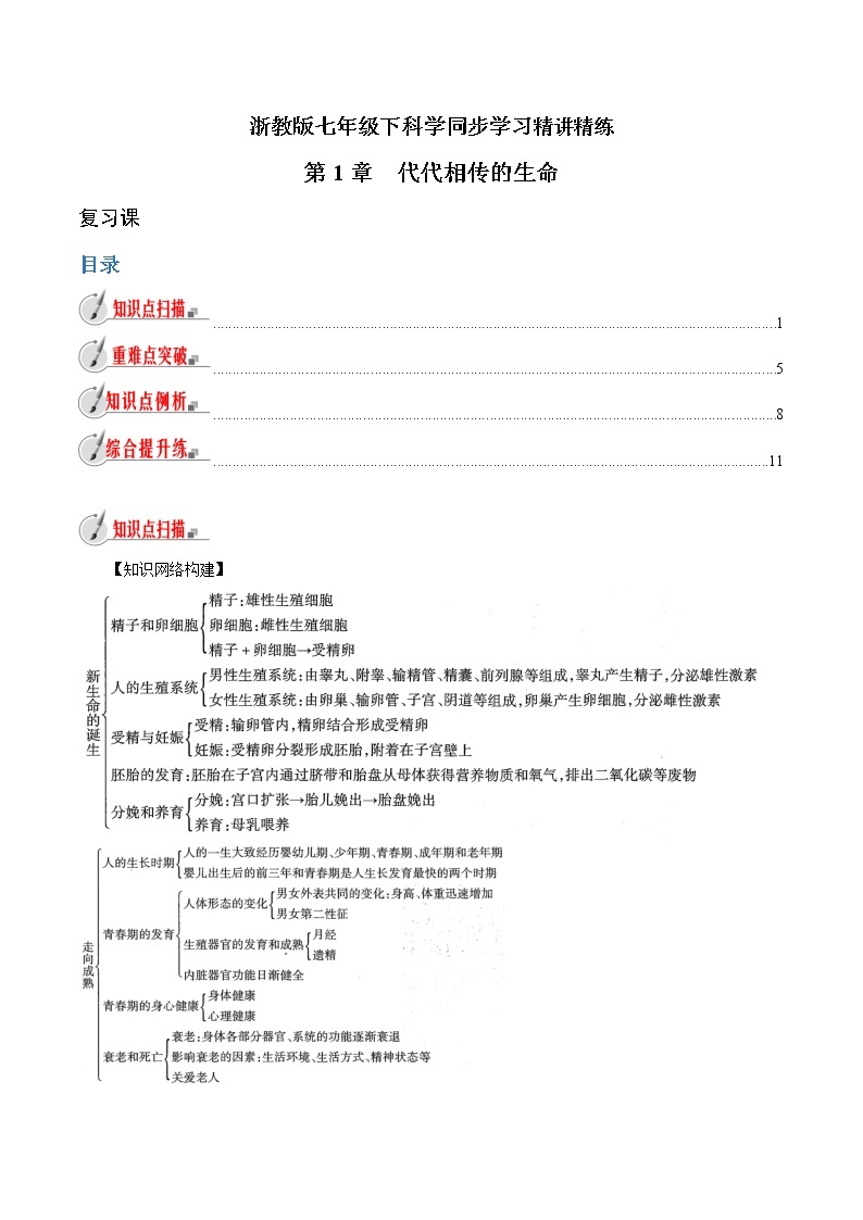 【精品讲义】浙教版 科学 7年级下册 第01章 代代相传的生命（复习课）（教师版+学生版）01