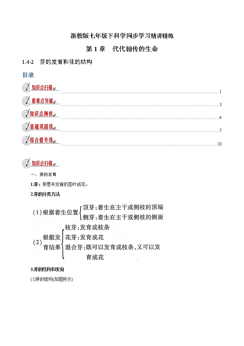 【精品讲义】浙教版 科学 7年级下册 1.4.2 芽的发育和花的结构（教师版+学生版）01