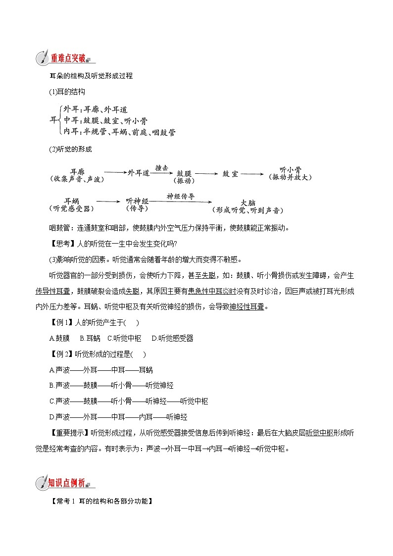 【精品讲义】浙教版 科学 7年级下册 2.3.1 耳和听觉——耳的结构与听觉的形成（教师版+学生版）03