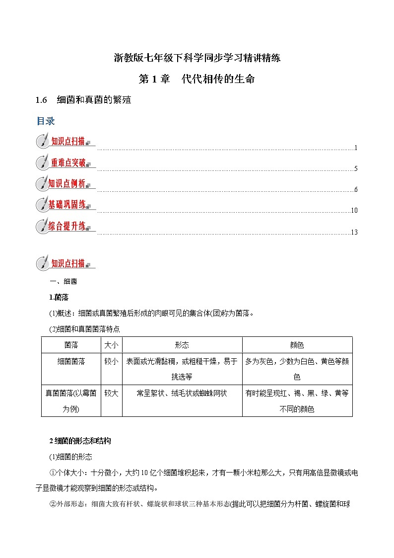 【精品讲义】浙教版 科学 7年级下册 1.6 细菌和真菌的繁殖（教师版+学生版）01