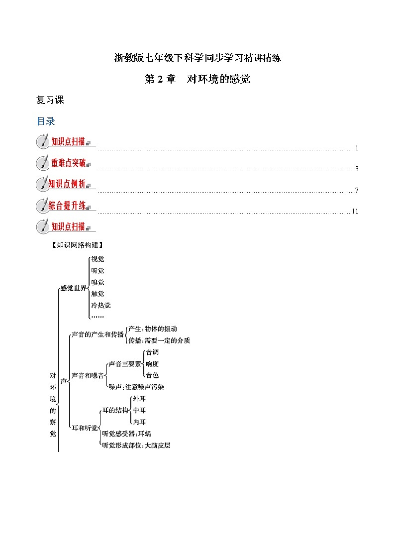 【精品讲义】浙教版 科学 7年级下册 第02章 对环境的感觉复习课（教师版+学生版）01