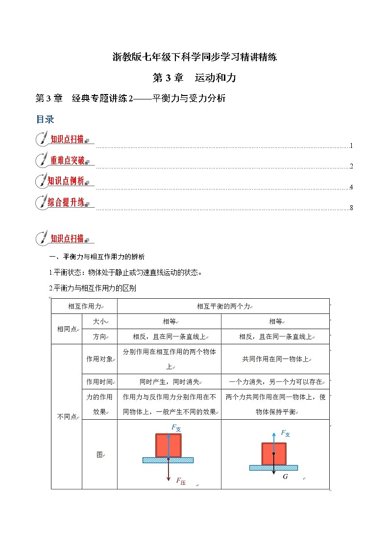 【精品讲义】浙教版 科学 7年级下册 第03章 运动和力（经典讲练2）平衡力与受力分析（教师版+学生版）01