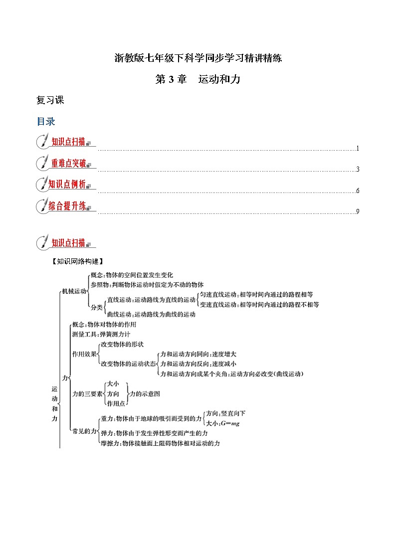 【精品讲义】浙教版 科学 7年级下册 第03章 运动和力（复习课）（教师版+学生版）01