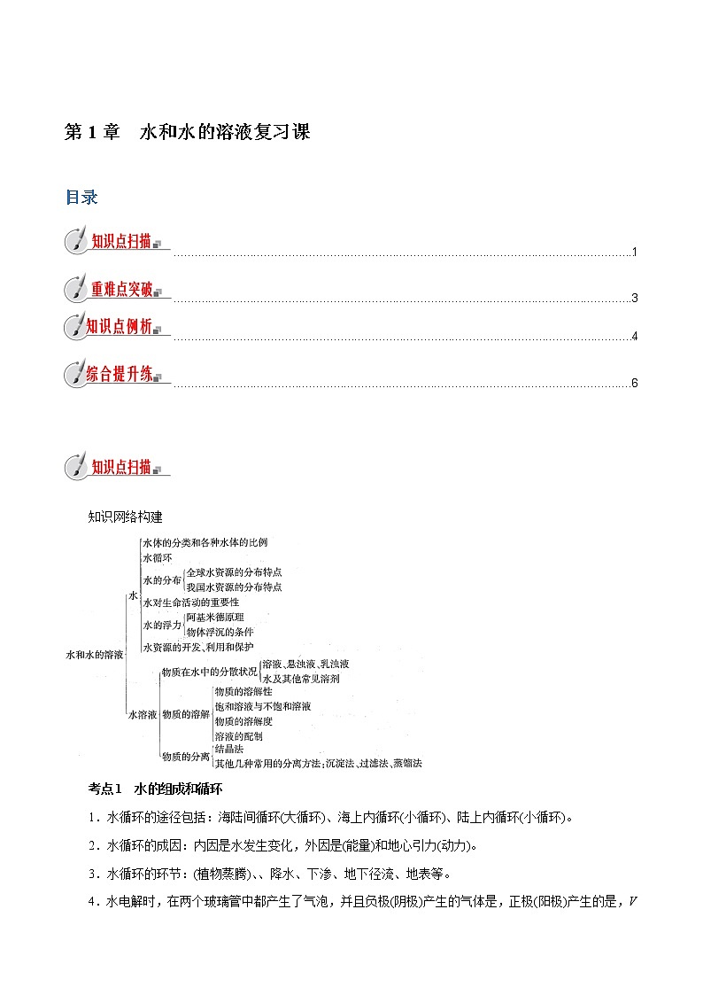 【精品讲义】浙教版 科学 8年级上册 第一章水和水的溶液复习课（教师解析版+学生版）01