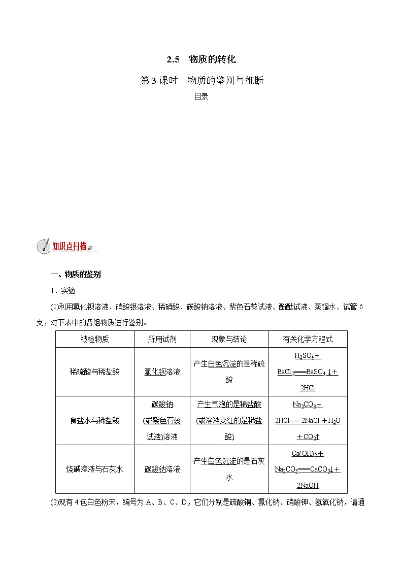 【精品讲义】浙教版 科学 9年级上册 2.5.3 物质的转化——物质的鉴别与推断01