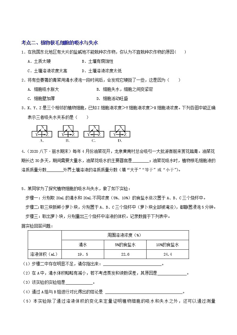 4.3 植物的根与物质运输 分类集训—2020-2021学年浙教版八年级科学下册同步重难点优化与提高（原卷+解析）02