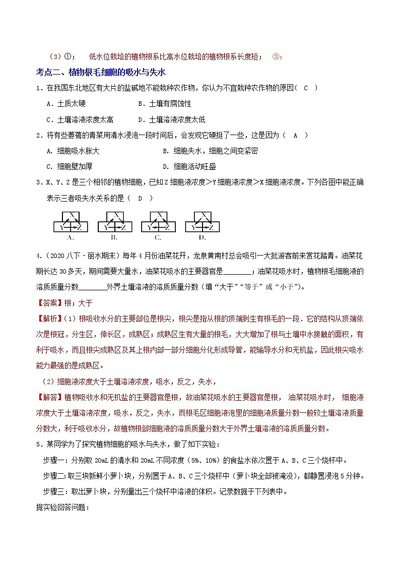 4.3 植物的根与物质运输 分类集训—2020-2021学年浙教版八年级科学下册同步重难点优化与提高（原卷+解析）03