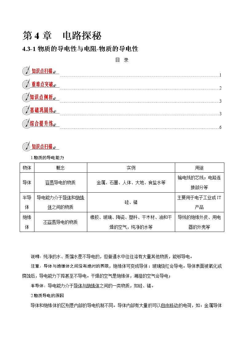 【精品讲义】浙教版 科学 8年级上册 4.3.1 物质的导电性与电阻-物质的导电性（教师解析版+学生版）01