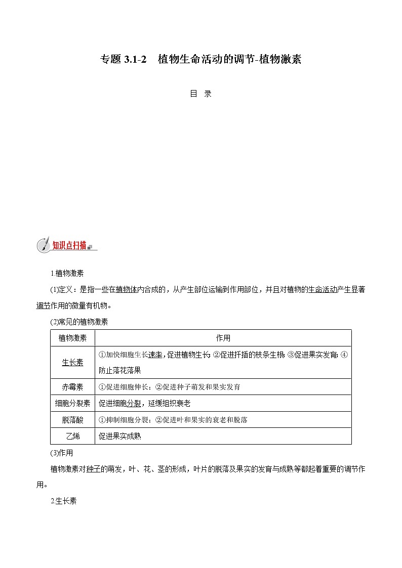 【精品讲义】浙教版 科学 8年级上册 3.1.2 植物生命活动的调节-植物激素（教师解析版+学生版）01
