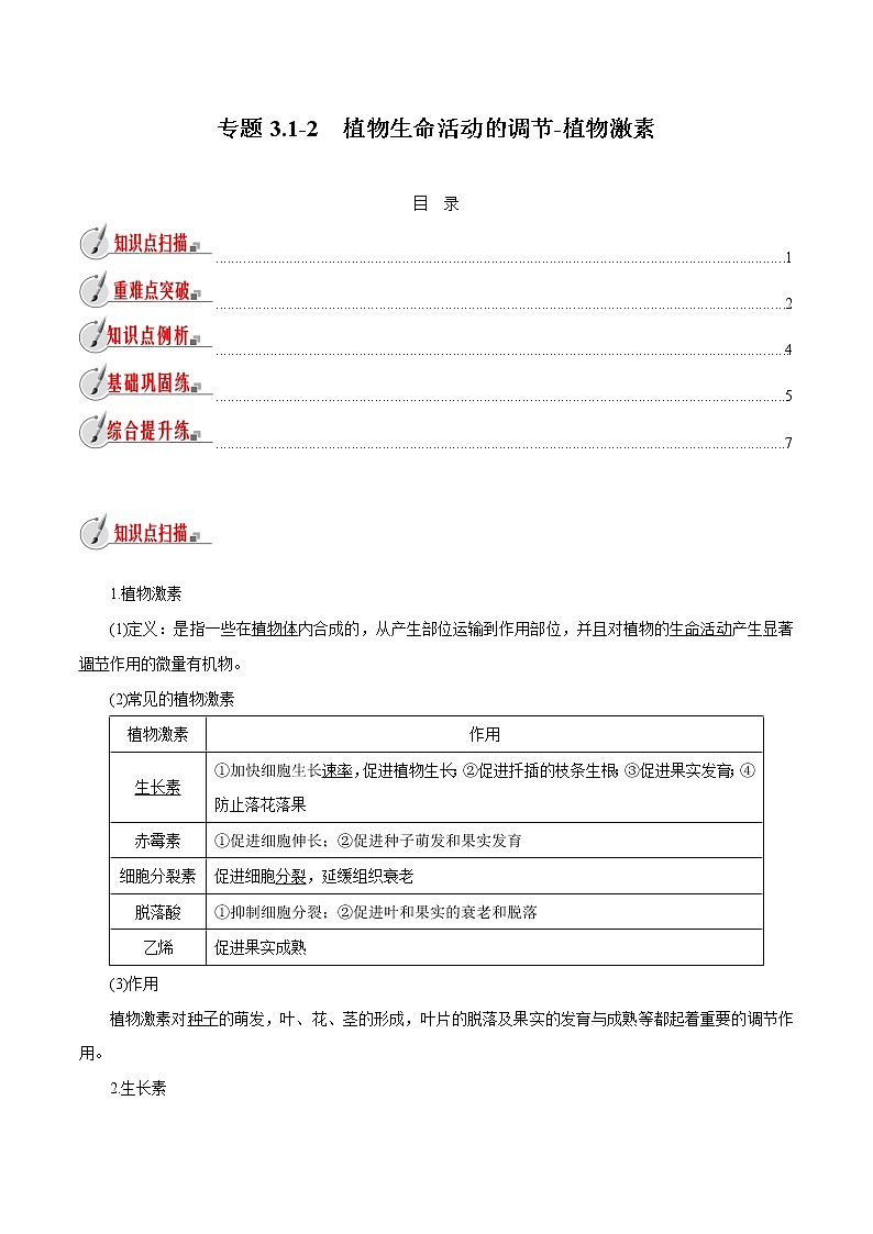 【精品讲义】浙教版 科学 8年级上册 3.1.2 植物生命活动的调节-植物激素（教师解析版+学生版）01