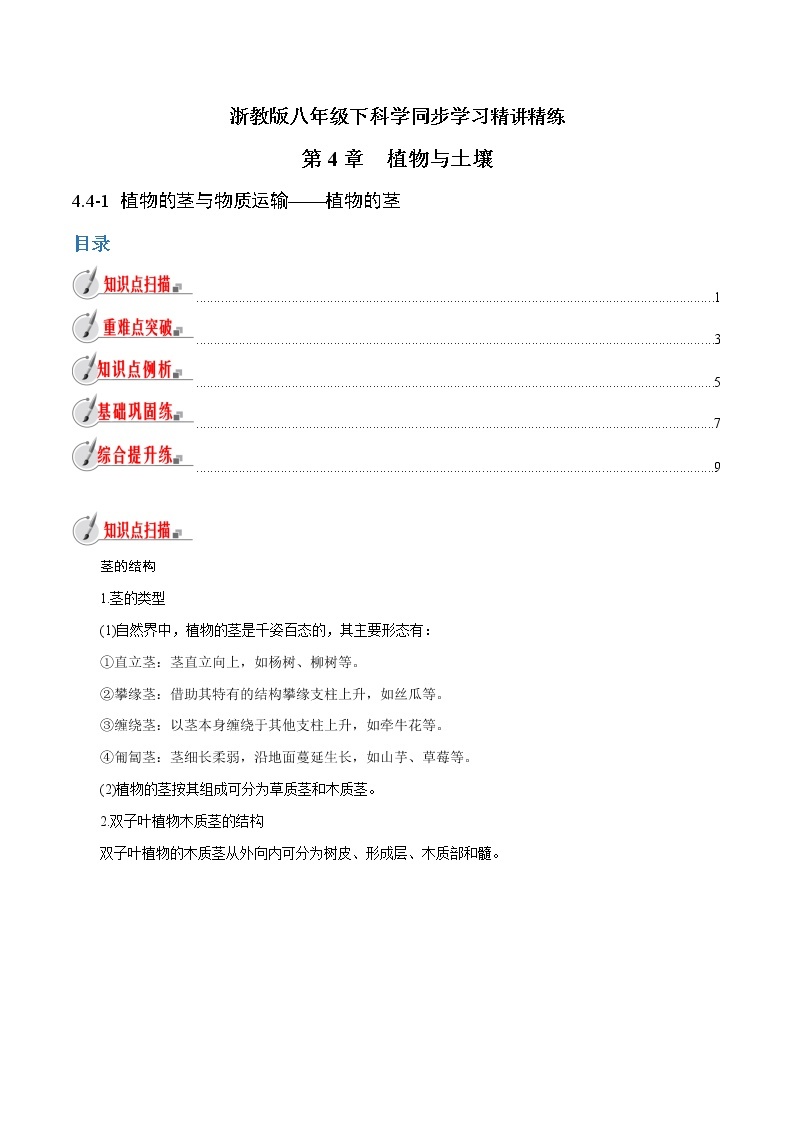 【精品讲义】浙教版 科学  8年级下册   4.4.1 植物的茎与物质运输——植物的茎（教师解析版+学生版）01