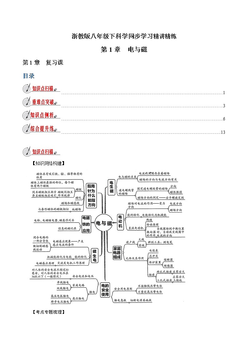 【精品讲义】浙教版 科学  8年级下册   第01章 电与磁（复习课）（教师解析版+学生版）01
